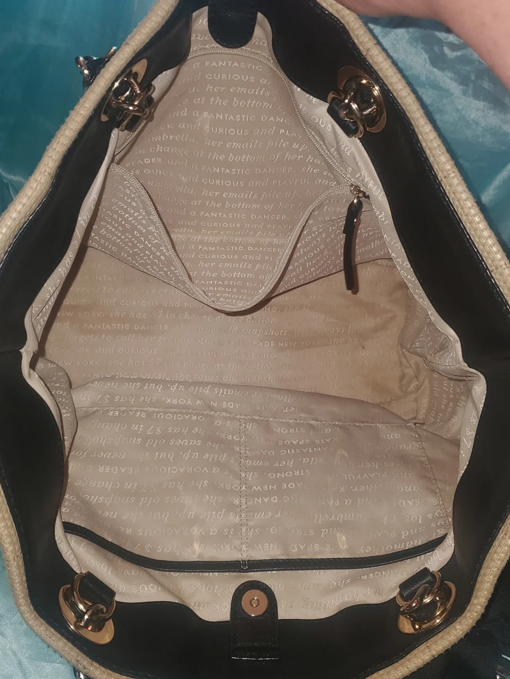 kate spade Neutral Woven Tote with Black Bow Accent